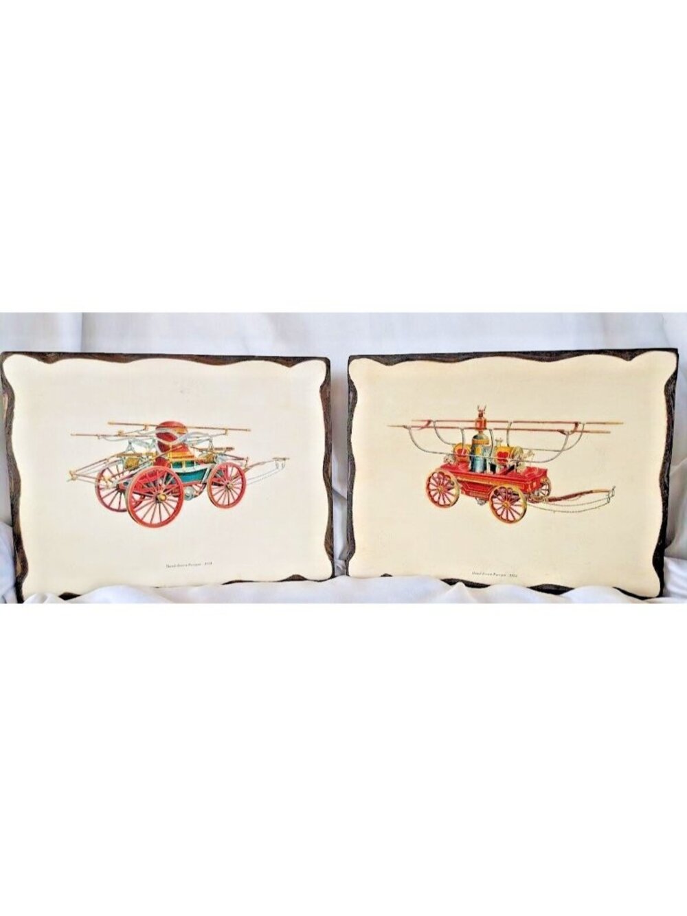 Vintage Fire Engine Wall Plaques Set of 2 Hand Drawn Pumpers 1830 & 1855